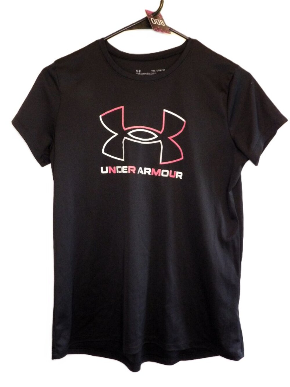 Under Armour, Black dri-fit with pink/white graphic (Girl's YXL)